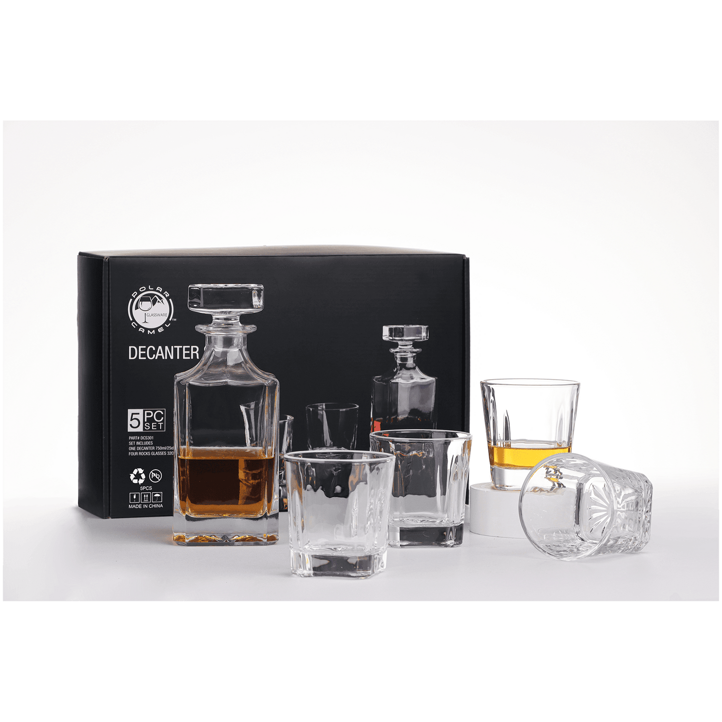 Square Glass Decanter Set with Four Glasses & Gift Box