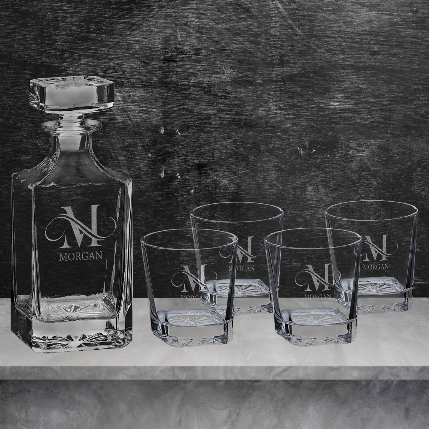 Square Glass Decanter Set with Four Glasses & Gift Box