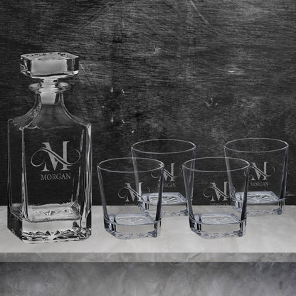 Square Glass Decanter Set with Four Glasses & Gift Box